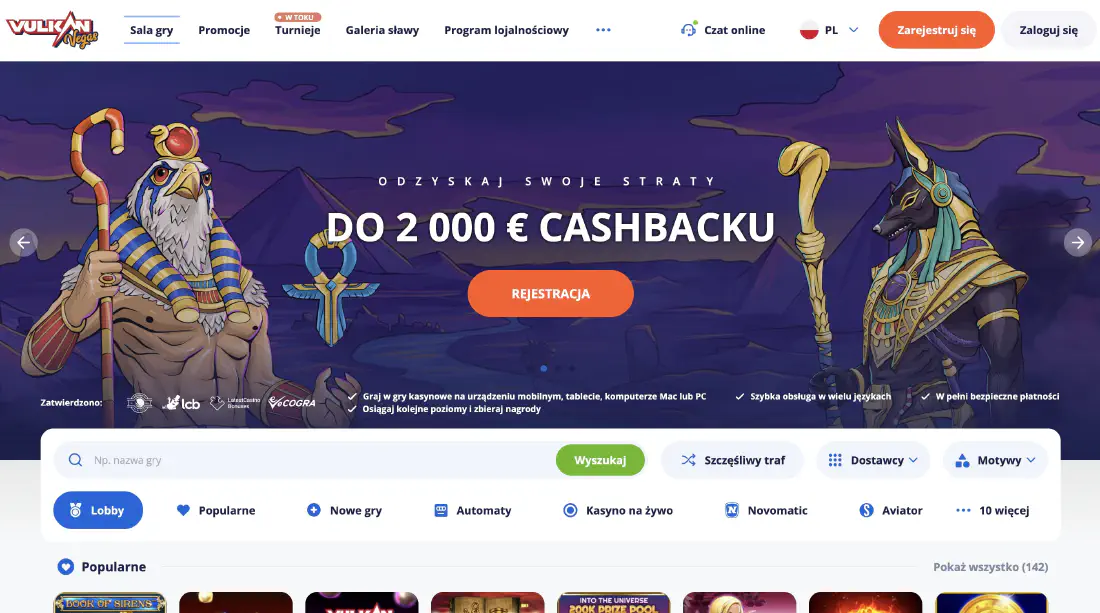 Ekran główny Vulkan Vegas PL Casino: logowanie, rejestracja, opinie